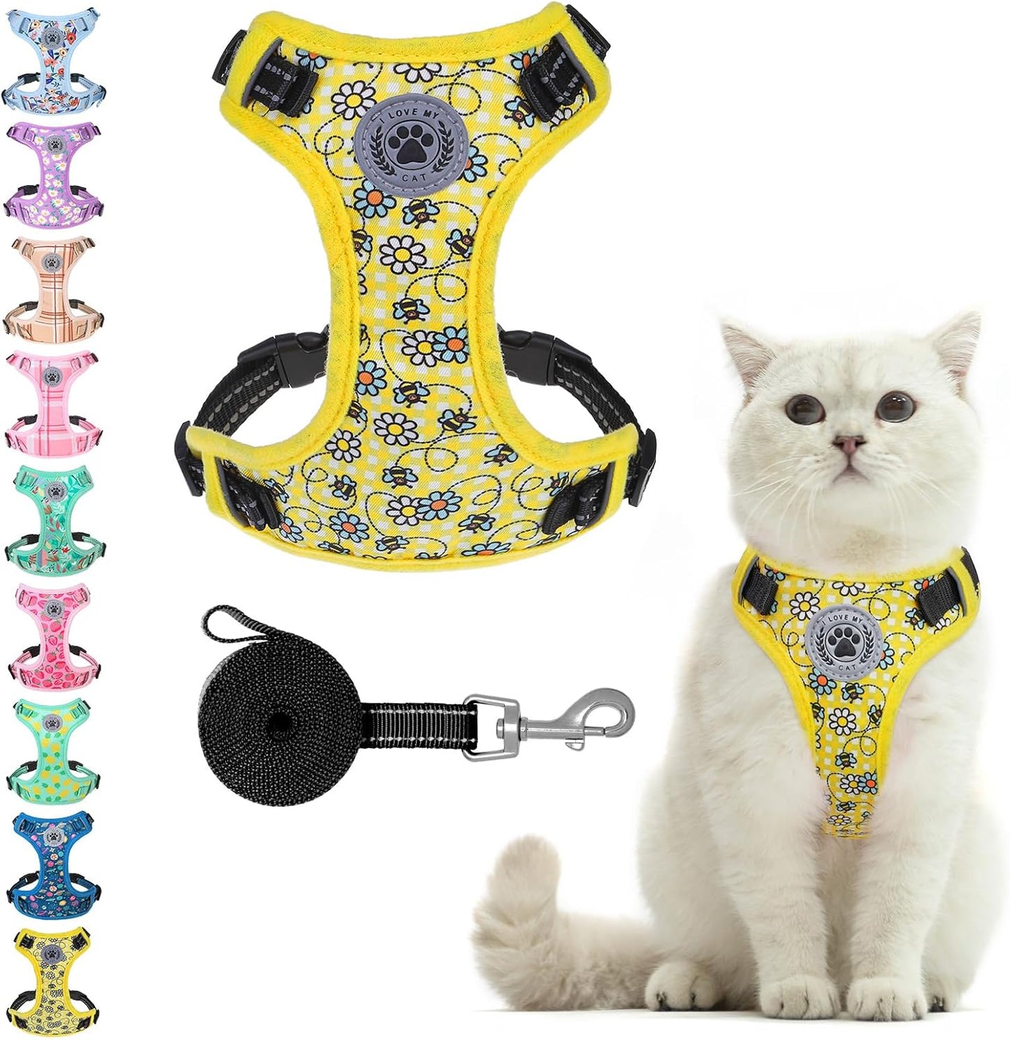 Cat Harness and Leash Set, Escape Proof and Adjustable, Yellow | Safe Reflective Strip, Soft Breathable Mesh, 5FT Step-in Walking Vest, Lightweight for Outdoor Travel, Bee, Small