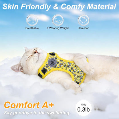 Cat Harness and Leash Set, Escape Proof and Adjustable, Yellow | Safe Reflective Strip, Soft Breathable Mesh, 5FT Step-in Walking Vest, Lightweight for Outdoor Travel, Bee, Small