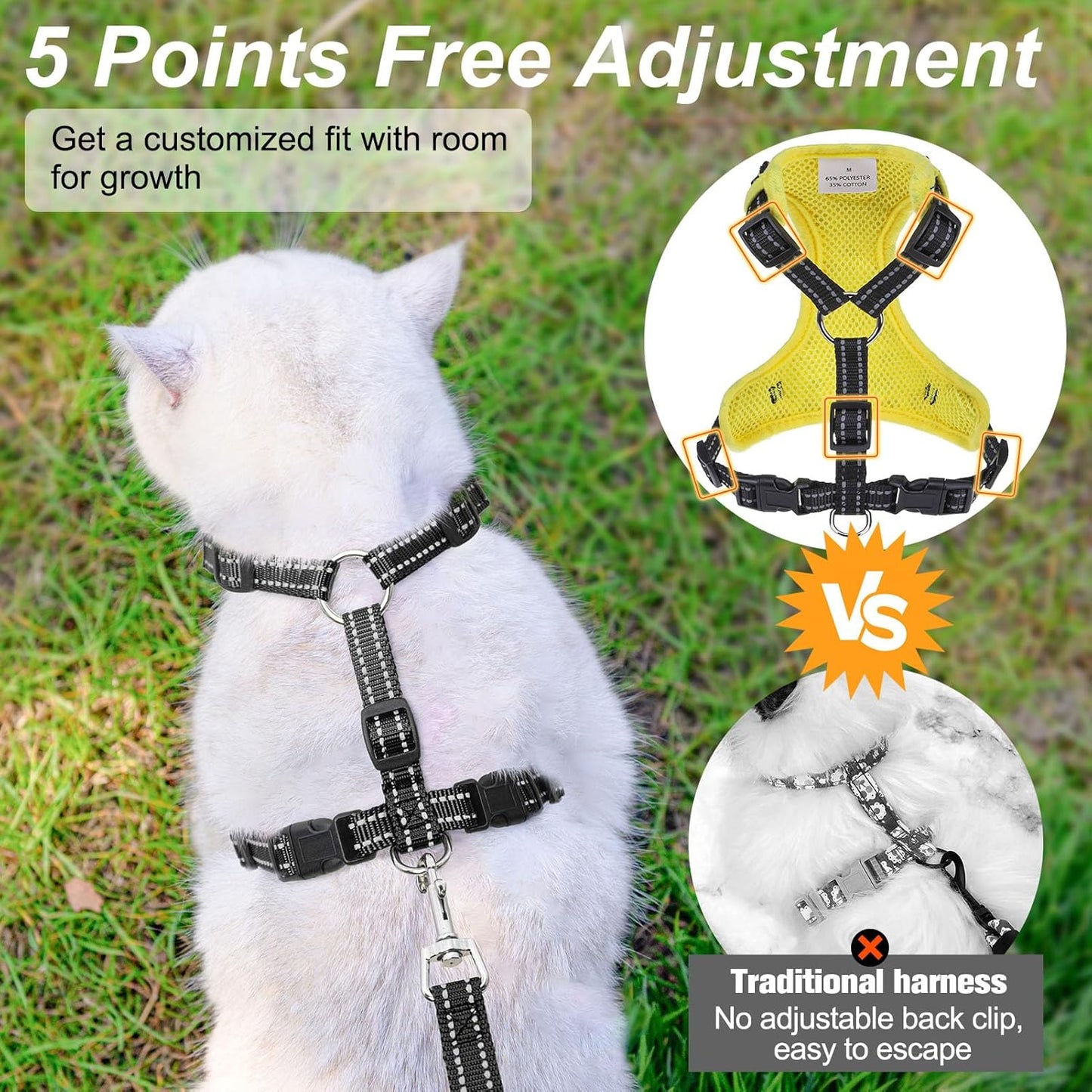 Cat Harness and Leash Set, Escape Proof and Adjustable, Yellow | Safe Reflective Strip, Soft Breathable Mesh, 5FT Step-in Walking Vest, Lightweight for Outdoor Travel, Bee, Small