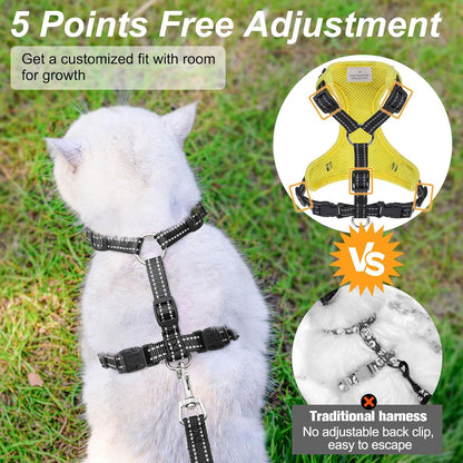 Cat Harness and Leash Set, Escape Proof and Adjustable, Yellow | Safe Reflective Strip, Soft Breathable Mesh, 5FT Step-in Walking Vest, Lightweight for Outdoor Travel, Bee, Small