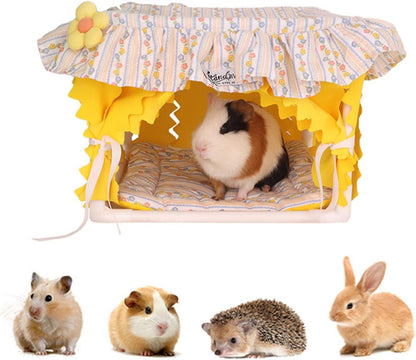 Guinea Pig Hideout Small Animal Bed Breathable Bunny Bed with Lace Flower Design Machine Washable Soft Cushion Indoor Pet Summer House Habitat for Guinea Pig Rabbit Chinchilla Ferret (Yellow)