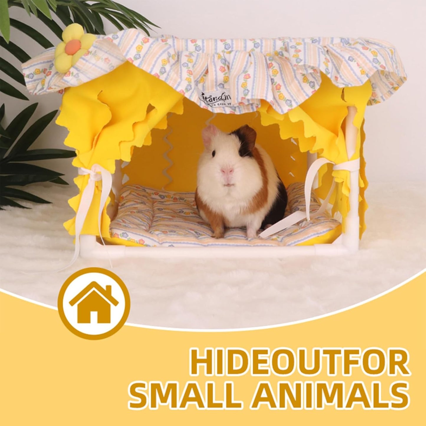 Guinea Pig Hideout Small Animal Bed Breathable Bunny Bed with Lace Flower Design Machine Washable Soft Cushion Indoor Pet Summer House Habitat for Guinea Pig Rabbit Chinchilla Ferret (Yellow)