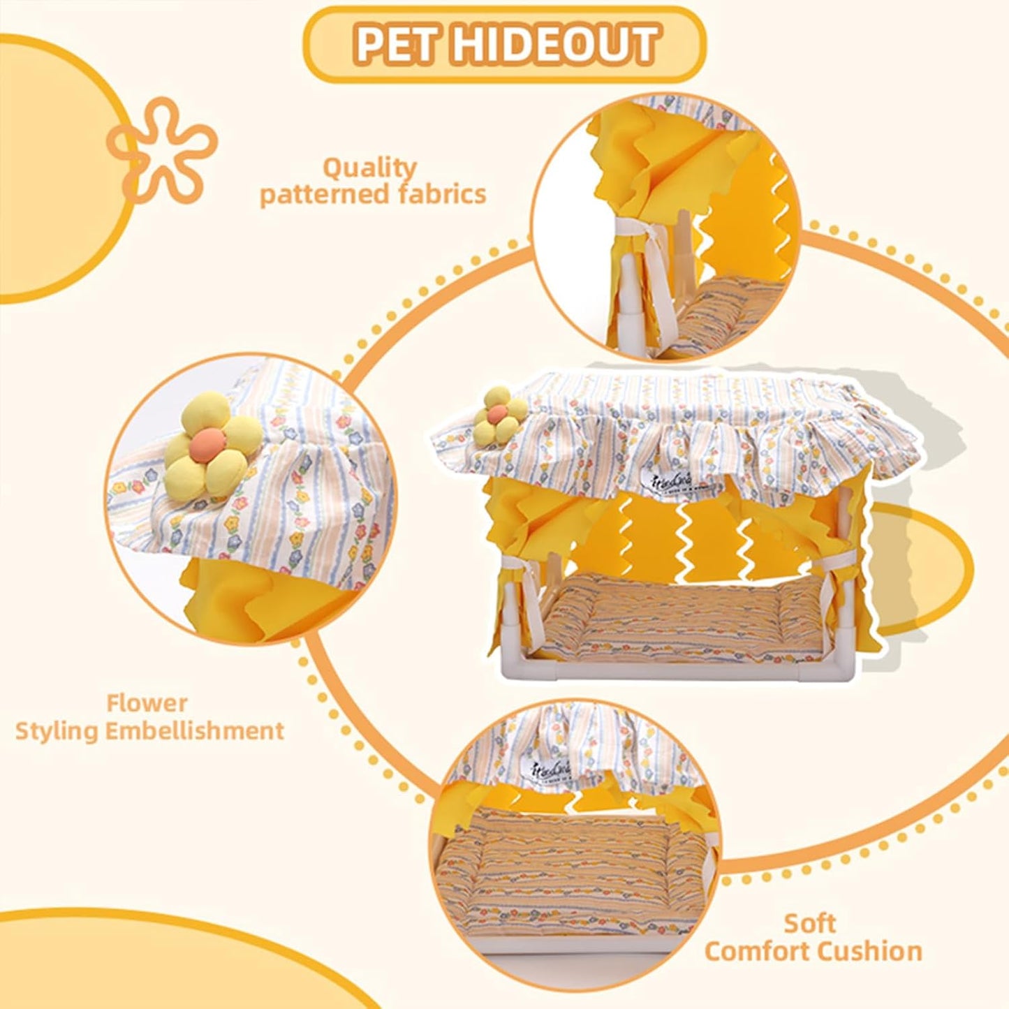 Guinea Pig Hideout Small Animal Bed Breathable Bunny Bed with Lace Flower Design Machine Washable Soft Cushion Indoor Pet Summer House Habitat for Guinea Pig Rabbit Chinchilla Ferret (Yellow)