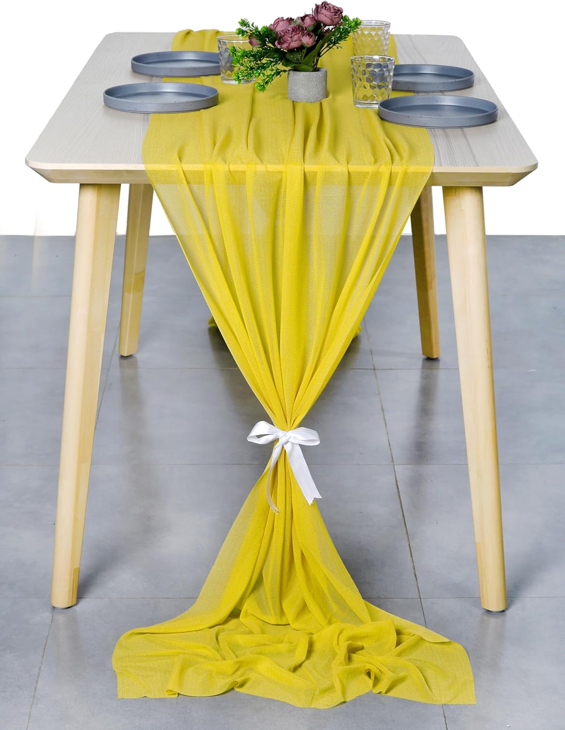 10ft Chiffon Table Runner 29x120 Inches Shimmer Sheer Centerpiece Cloth for Wedding Bridal Shower Birthday Graduation Engagement Ceremony Event Party Banquet Table Decoration (2 PC)(Yellow)