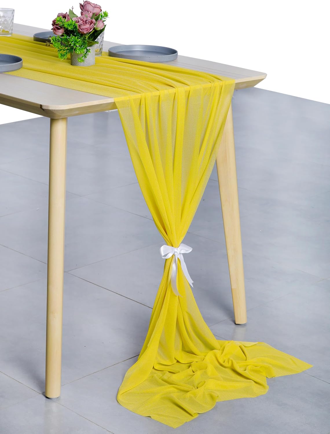 10ft Chiffon Table Runner 29x120 Inches Shimmer Sheer Centerpiece Cloth for Wedding Bridal Shower Birthday Graduation Engagement Ceremony Event Party Banquet Table Decoration (2 PC)(Yellow)