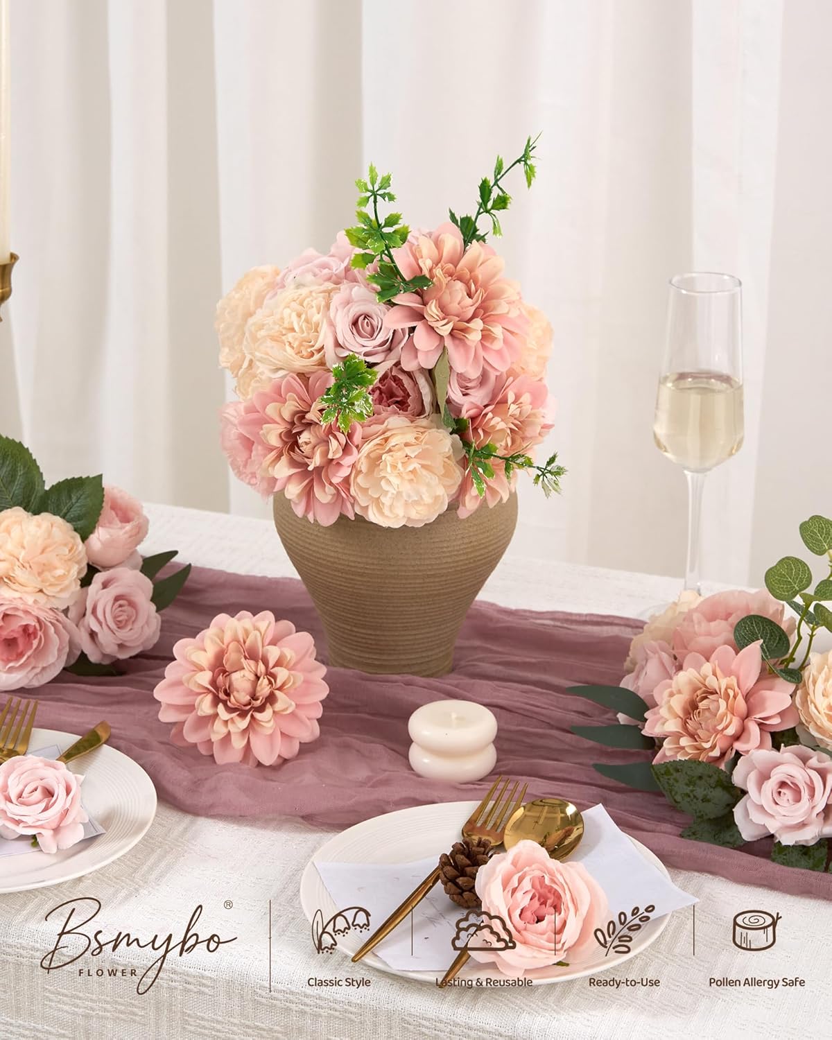 Artificial Flowers Combo Box Yellow Fake Flower for Wedding Decorations | Mix Silk Dahlia Rose Flowers with Stem for DIY Bridal Bouquet, Table Centerpiece, Floral Arrangement, Baby Shower Decorations