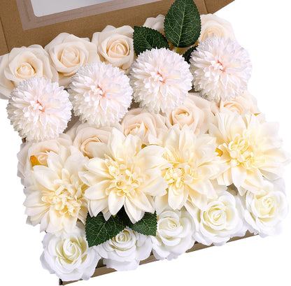Artificial Flowers Combo Box Yellow Fake Flower for Wedding Decorations | Mix Silk Dahlia Rose Flowers with Stem for DIY Bridal Bouquet, Table Centerpiece, Floral Arrangement, Baby Shower Decorations