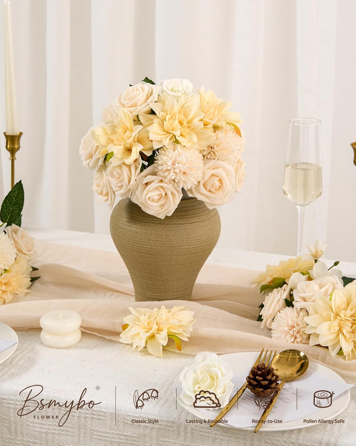 Artificial Flowers Combo Box Yellow Fake Flower for Wedding Decorations | Mix Silk Dahlia Rose Flowers with Stem for DIY Bridal Bouquet, Table Centerpiece, Floral Arrangement, Baby Shower Decorations