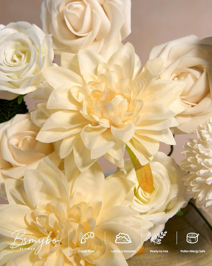 Artificial Flowers Combo Box Yellow Fake Flower for Wedding Decorations | Mix Silk Dahlia Rose Flowers with Stem for DIY Bridal Bouquet, Table Centerpiece, Floral Arrangement, Baby Shower Decorations