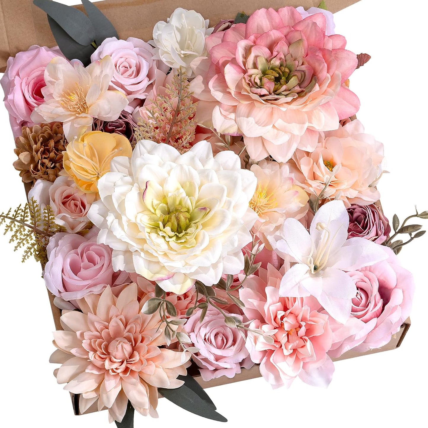 Artificial Flowers Combo Box Yellow Fake Flower for Wedding Decorations | Mix Silk Dahlia Rose Flowers with Stem for DIY Bridal Bouquet, Table Centerpiece, Floral Arrangement, Baby Shower Decorations