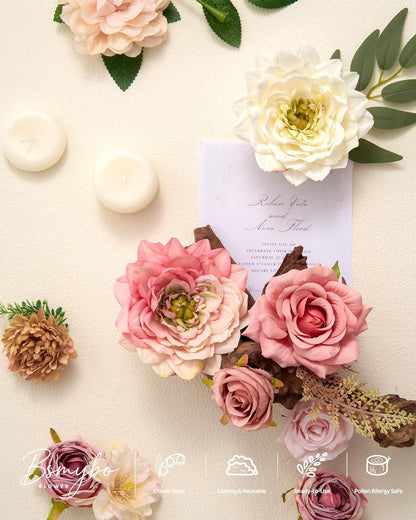 Artificial Flowers Combo Box Yellow Fake Flower for Wedding Decorations | Mix Silk Dahlia Rose Flowers with Stem for DIY Bridal Bouquet, Table Centerpiece, Floral Arrangement, Baby Shower Decorations