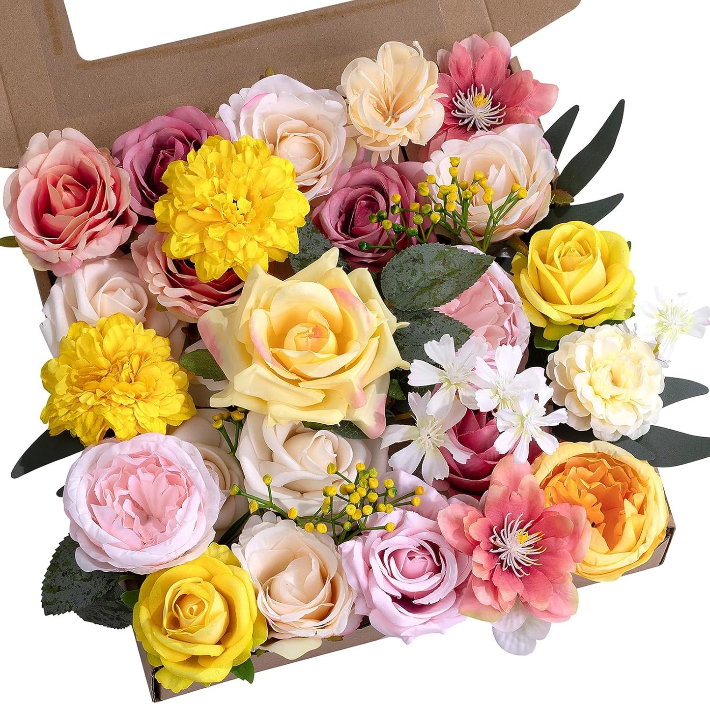 Artificial Flowers Combo Box Yellow Fake Flower for Wedding Decorations | Mix Silk Dahlia Rose Flowers with Stem for DIY Bridal Bouquet, Table Centerpiece, Floral Arrangement, Baby Shower Decorations