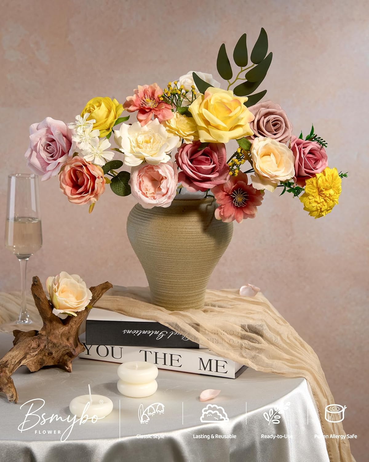 Artificial Flowers Combo Box Yellow Fake Flower for Wedding Decorations | Mix Silk Dahlia Rose Flowers with Stem for DIY Bridal Bouquet, Table Centerpiece, Floral Arrangement, Baby Shower Decorations