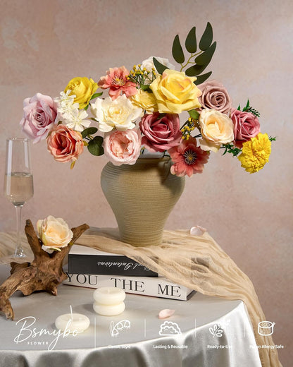 Artificial Flowers Combo Box Yellow Fake Flower for Wedding Decorations | Mix Silk Dahlia Rose Flowers with Stem for DIY Bridal Bouquet, Table Centerpiece, Floral Arrangement, Baby Shower Decorations