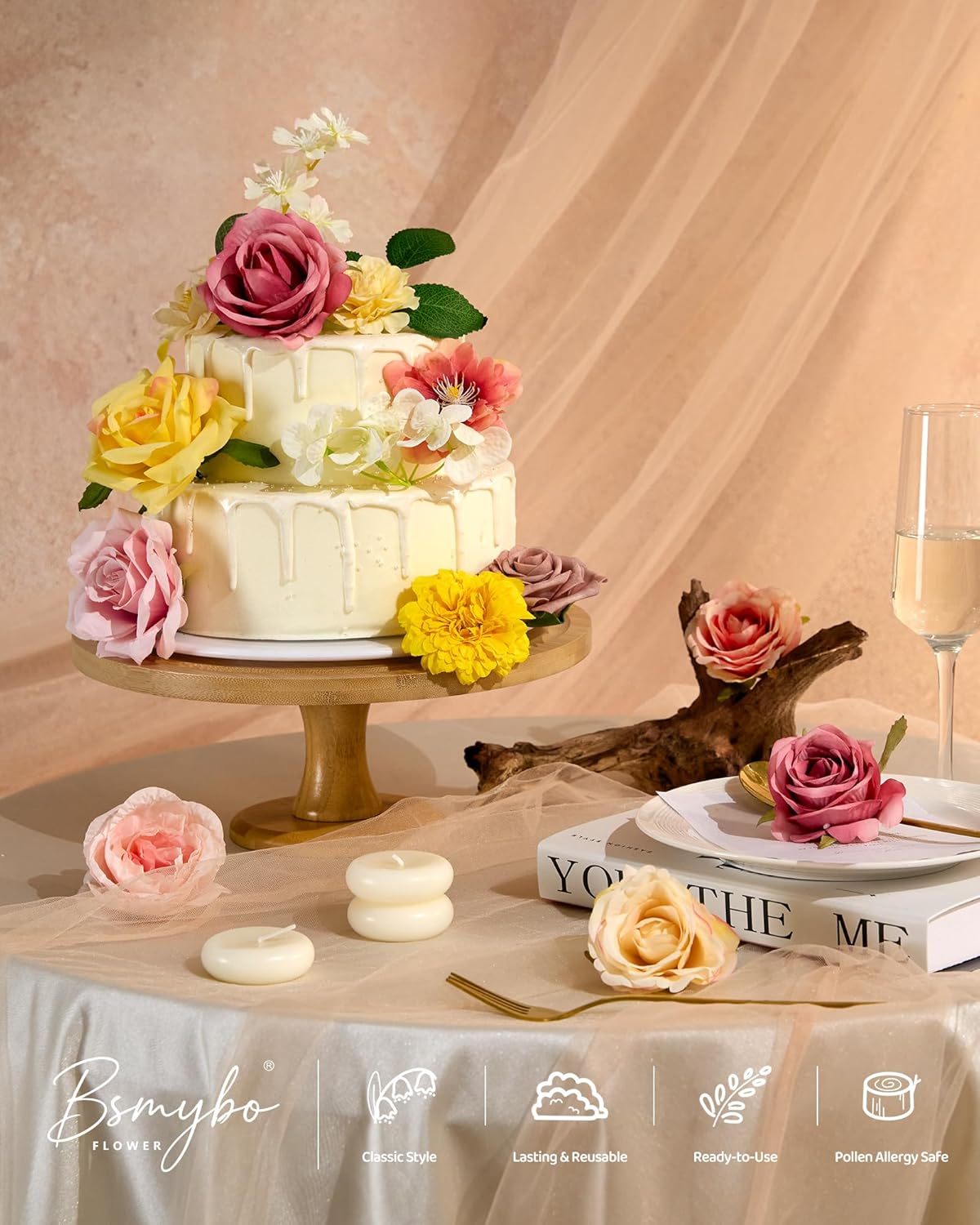 Artificial Flowers Combo Box Yellow Fake Flower for Wedding Decorations | Mix Silk Dahlia Rose Flowers with Stem for DIY Bridal Bouquet, Table Centerpiece, Floral Arrangement, Baby Shower Decorations