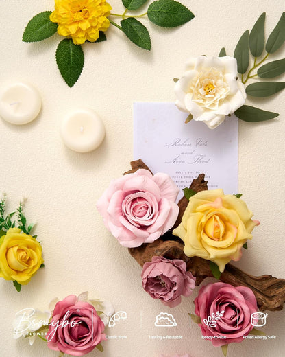 Artificial Flowers Combo Box Yellow Fake Flower for Wedding Decorations | Mix Silk Dahlia Rose Flowers with Stem for DIY Bridal Bouquet, Table Centerpiece, Floral Arrangement, Baby Shower Decorations