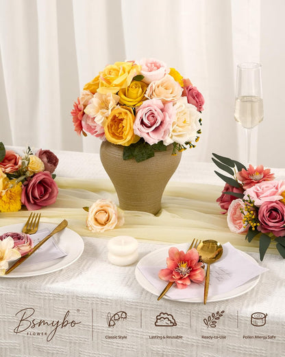 Artificial Flowers Combo Box Yellow Fake Flower for Wedding Decorations | Mix Silk Dahlia Rose Flowers with Stem for DIY Bridal Bouquet, Table Centerpiece, Floral Arrangement, Baby Shower Decorations
