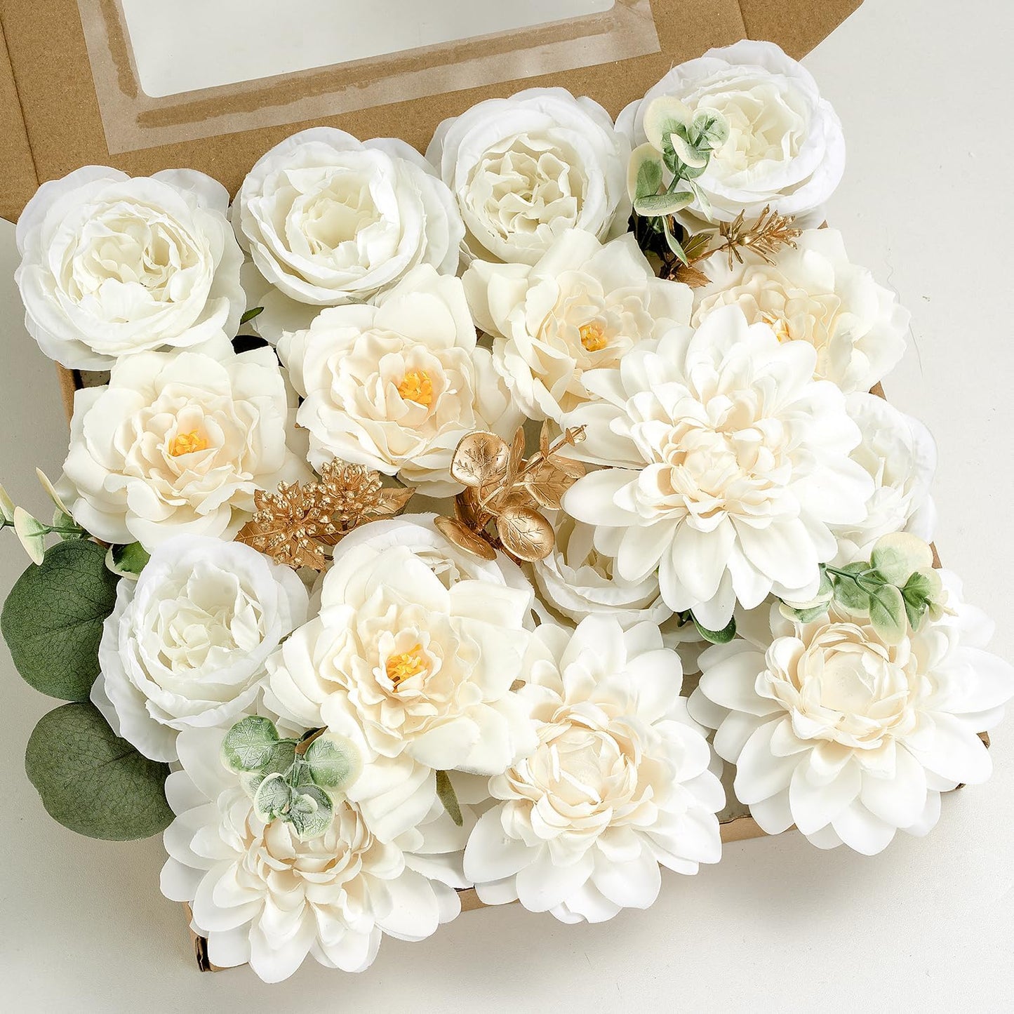 Artificial Flowers Combo Box Yellow Fake Flower for Wedding Decorations | Mix Silk Dahlia Rose Flowers with Stem for DIY Bridal Bouquet, Table Centerpiece, Floral Arrangement, Baby Shower Decorations