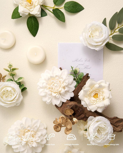 Artificial Flowers Combo Box Yellow Fake Flower for Wedding Decorations | Mix Silk Dahlia Rose Flowers with Stem for DIY Bridal Bouquet, Table Centerpiece, Floral Arrangement, Baby Shower Decorations