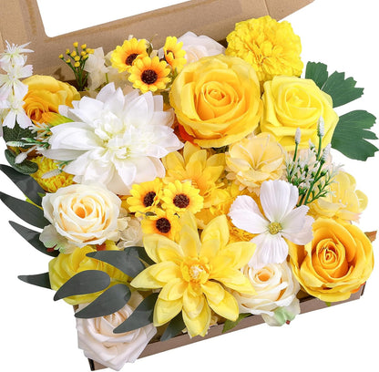 Artificial Flowers Combo Box Yellow Fake Flower for Wedding Decorations | Mix Silk Dahlia Rose Flowers with Stem for DIY Bridal Bouquet, Table Centerpiece, Floral Arrangement, Baby Shower Decorations