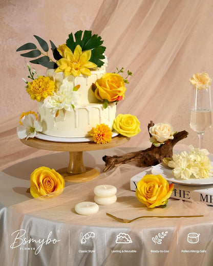 Artificial Flowers Combo Box Yellow Fake Flower for Wedding Decorations | Mix Silk Dahlia Rose Flowers with Stem for DIY Bridal Bouquet, Table Centerpiece, Floral Arrangement, Baby Shower Decorations