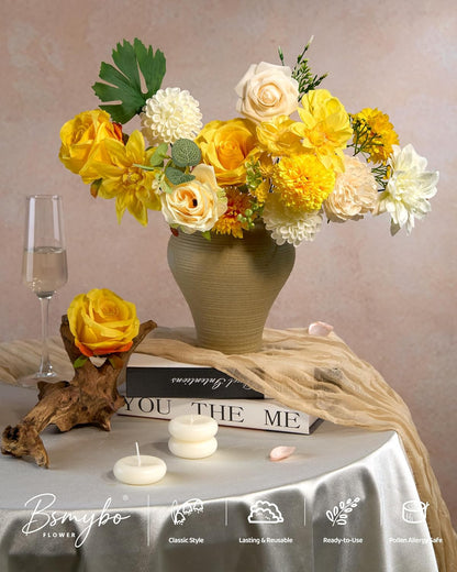 Artificial Flowers Combo Box Yellow Fake Flower for Wedding Decorations | Mix Silk Dahlia Rose Flowers with Stem for DIY Bridal Bouquet, Table Centerpiece, Floral Arrangement, Baby Shower Decorations