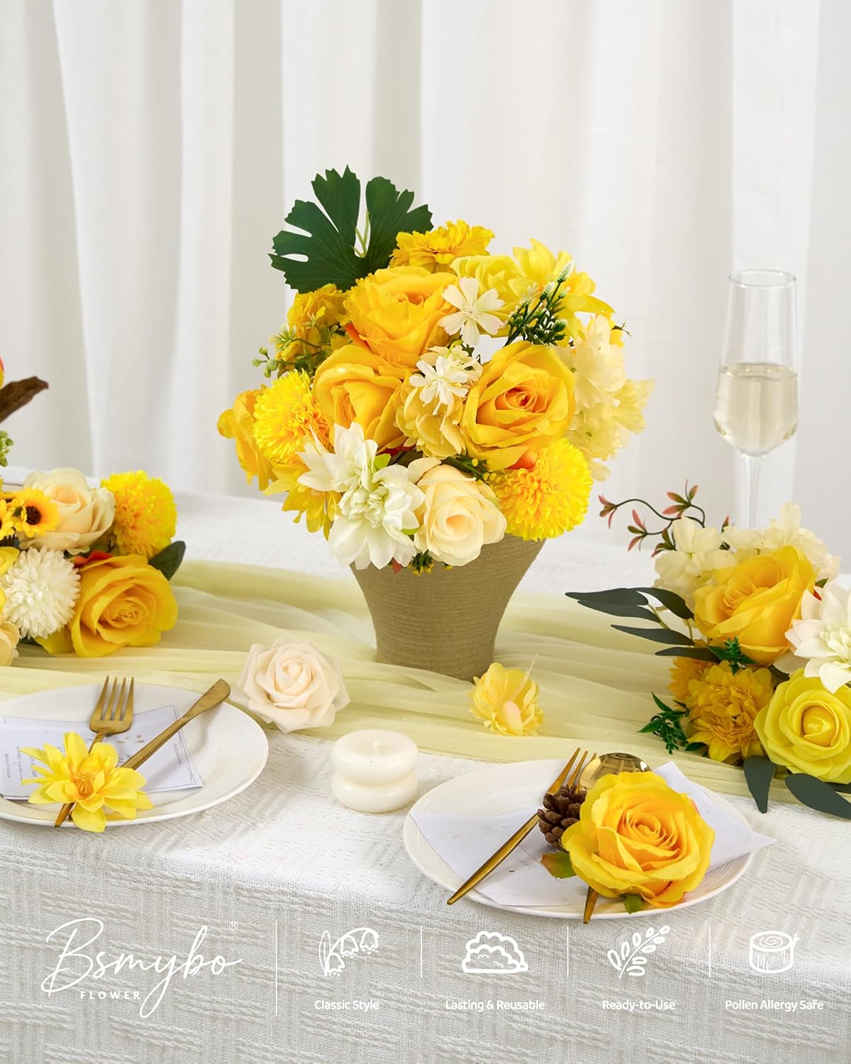 Artificial Flowers Combo Box Yellow Fake Flower for Wedding Decorations | Mix Silk Dahlia Rose Flowers with Stem for DIY Bridal Bouquet, Table Centerpiece, Floral Arrangement, Baby Shower Decorations