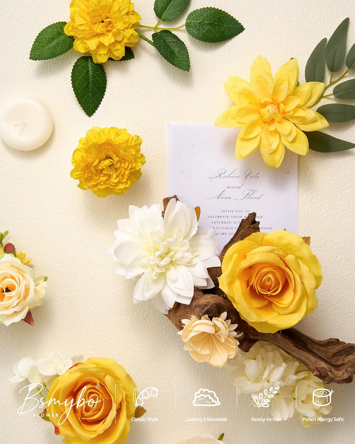 Artificial Flowers Combo Box Yellow Fake Flower for Wedding Decorations | Mix Silk Dahlia Rose Flowers with Stem for DIY Bridal Bouquet, Table Centerpiece, Floral Arrangement, Baby Shower Decorations