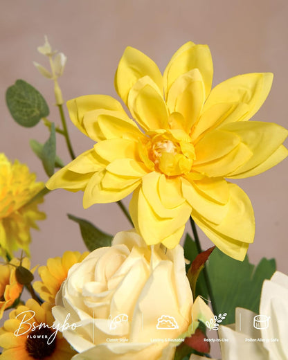 Artificial Flowers Combo Box Yellow Fake Flower for Wedding Decorations | Mix Silk Dahlia Rose Flowers with Stem for DIY Bridal Bouquet, Table Centerpiece, Floral Arrangement, Baby Shower Decorations