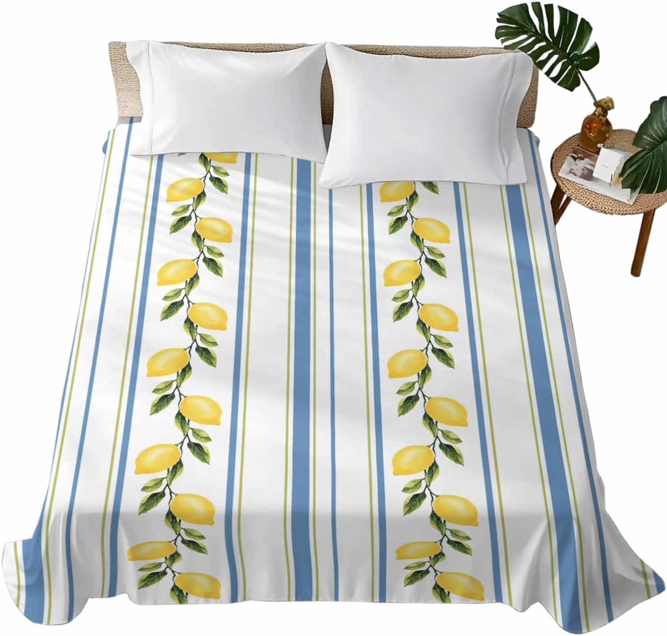 Lemon Striped Flat Bed Sheet Queen Size for Queen Mattress, Microfiber Bedding Top Sheets Deep Pocket for All Seasons, Yellow Fruit Blue White Geometric Soft & Breathable Hotel Quality