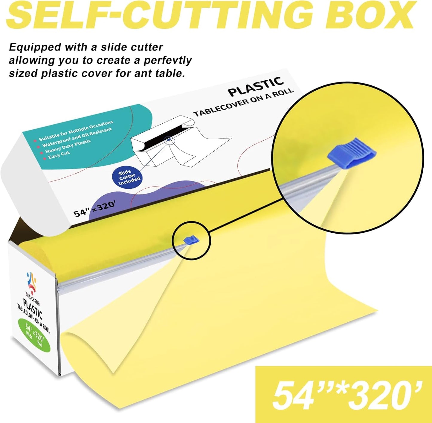 54IN X 320FT Plastic Table Cover Roll with Cutter Box, Cut to Size Plastic Table Cloths for Parties, Birthday, Disposable Tablecloth Roll for All Shape Tables (Light Yellow, 54 Inch X 320 Feet)