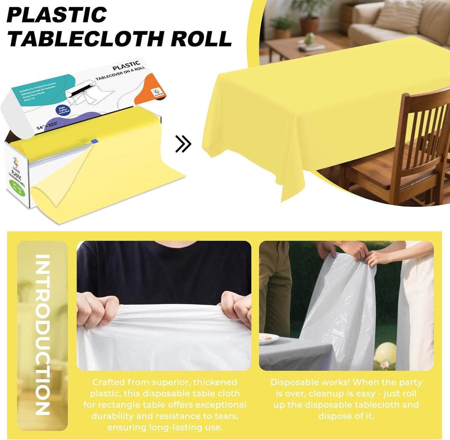 54IN X 320FT Plastic Table Cover Roll with Cutter Box, Cut to Size Plastic Table Cloths for Parties, Birthday, Disposable Tablecloth Roll for All Shape Tables (Light Yellow, 54 Inch X 320 Feet)