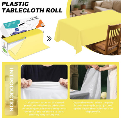 54IN X 320FT Plastic Table Cover Roll with Cutter Box, Cut to Size Plastic Table Cloths for Parties, Birthday, Disposable Tablecloth Roll for All Shape Tables (Light Yellow, 54 Inch X 320 Feet)