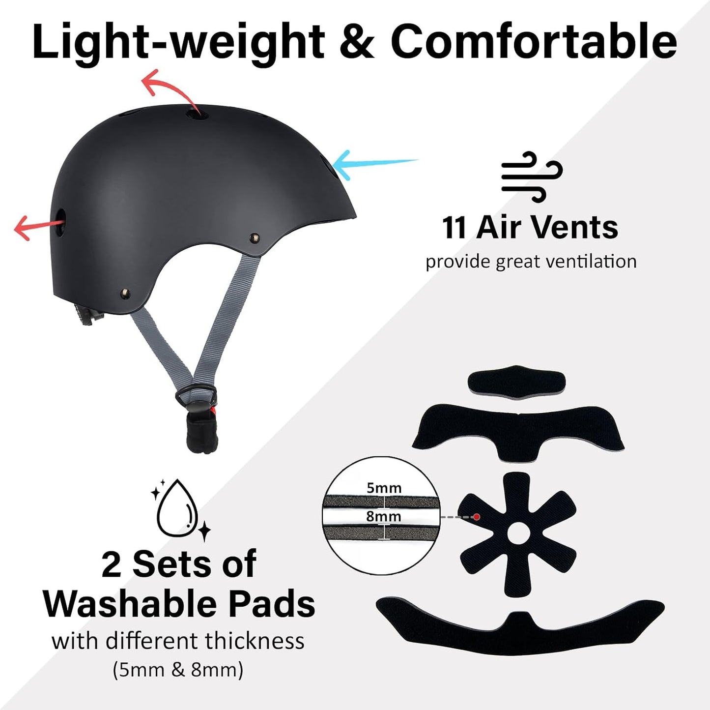 Skateboard Bike Helmet, 3 Sizes for Adult Youth & Kids | Lightweight, Adjustable, Certified Multi-Sport for Bicycle, Inline/Roller Skates, Kick Scooter