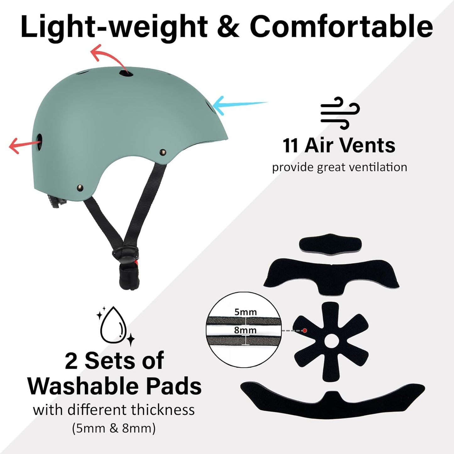 Skateboard Bike Helmet, 3 Sizes for Adult Youth & Kids | Lightweight, Adjustable, Certified Multi-Sport for Bicycle, Inline/Roller Skates, Kick Scooter