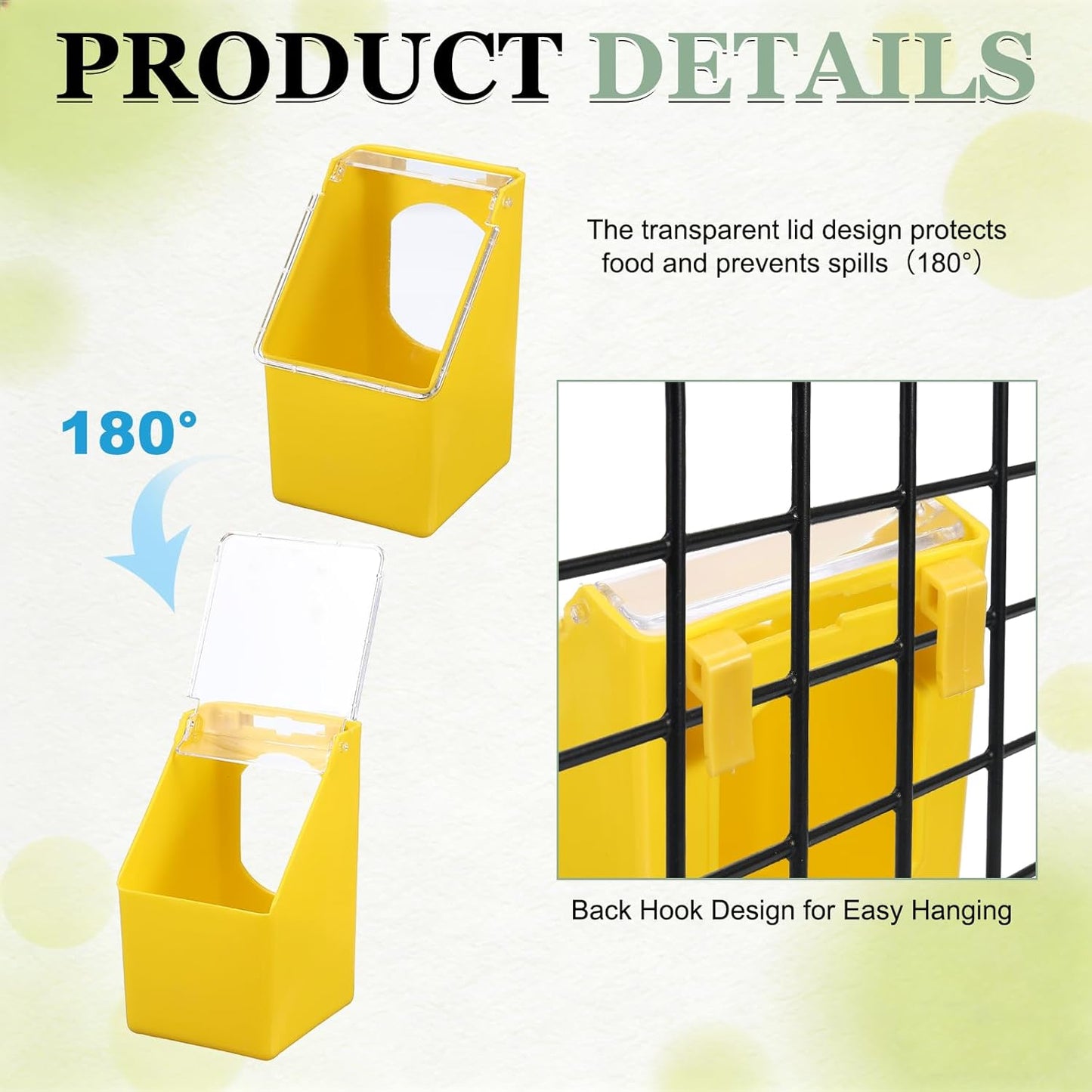 No Mess Bird Feeder, 3.5x3.1x5.5 Inch Parakeet Feeder Bird Cage Accessories Hanging Food Water Dispenser, (Yellow, 4 Pcs), Intended for Pet/Pigeon/Parrot/Chicken