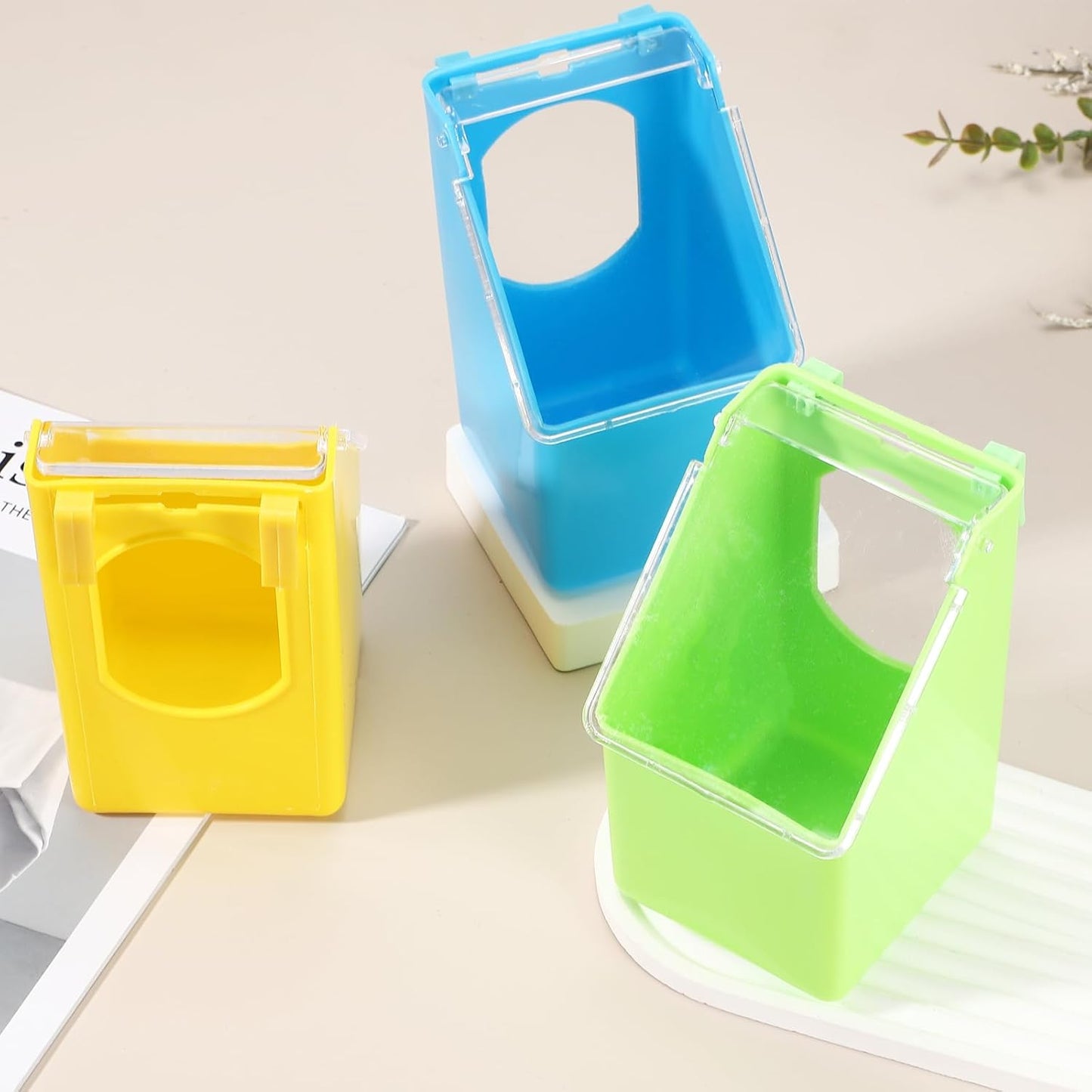 No Mess Bird Feeder, 3.5x3.1x5.5 Inch Parakeet Feeder Bird Cage Accessories Hanging Food Water Dispenser, (Yellow, 4 Pcs), Intended for Pet/Pigeon/Parrot/Chicken