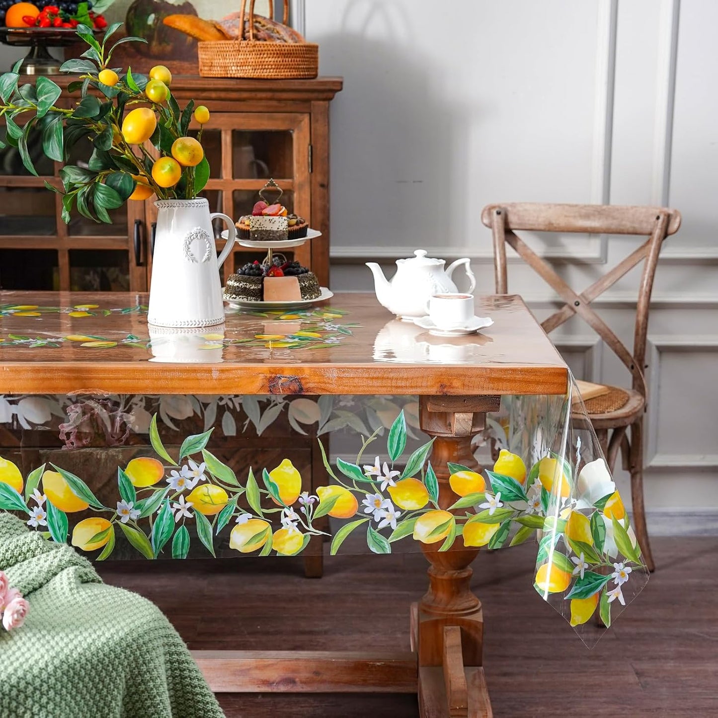 Clear Table Cover Protector Vinyl PVC Rectangle Table Cloth with Floral Print Pattern Oil Proof Wipe-able Plastic Tablecloths for Dining Tables Parties Holidays (Lemon, 52 x 70 Inches)