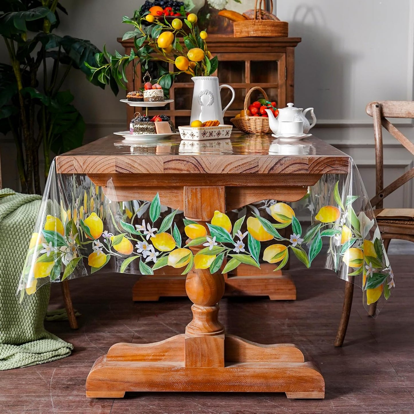 Clear Table Cover Protector Vinyl PVC Rectangle Table Cloth with Floral Print Pattern Oil Proof Wipe-able Plastic Tablecloths for Dining Tables Parties Holidays (Lemon, 52 x 70 Inches)