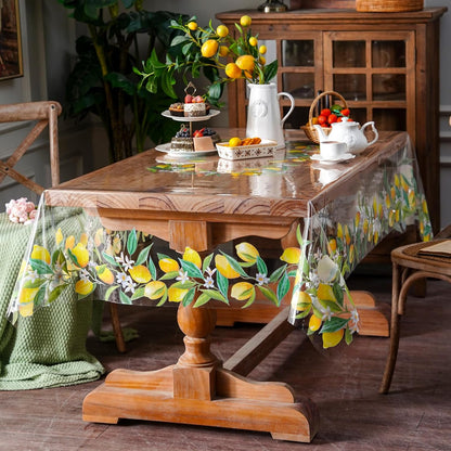 Clear Table Cover Protector Vinyl PVC Rectangle Table Cloth with Floral Print Pattern Oil Proof Wipe-able Plastic Tablecloths for Dining Tables Parties Holidays (Lemon, 52 x 70 Inches)