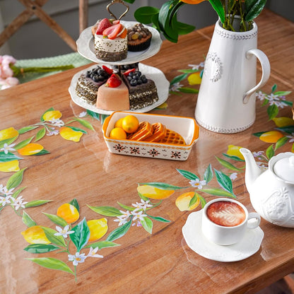 Clear Table Cover Protector Vinyl PVC Rectangle Table Cloth with Floral Print Pattern Oil Proof Wipe-able Plastic Tablecloths for Dining Tables Parties Holidays (Lemon, 52 x 70 Inches)