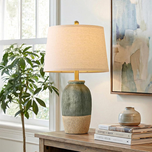 22.5" Hand-Textured Vintage Ceramic Table Lamp, Single Rustic Farmhouse Bedside Lamp with Linen Shade, Boho Lamp for Bedroom Living Room Nightstand Side Table Home Decor, Green&Earthy Yellow