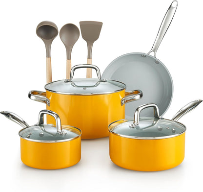 Classic Nonstick Cookware Set, Pots and Pans Cookware Set with Glass Lids and Comfortable Handles, Induction Compatible, 10-Piece, Yellow