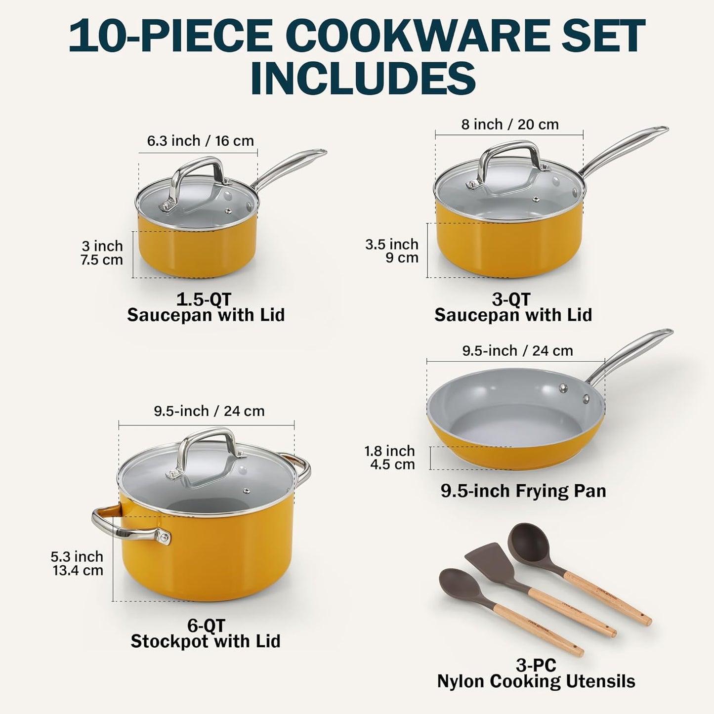 Classic Nonstick Cookware Set, Pots and Pans Cookware Set with Glass Lids and Comfortable Handles, Induction Compatible, 10-Piece, Yellow