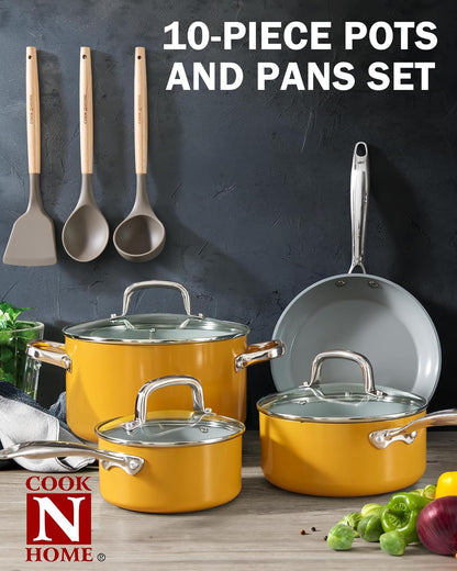 Classic Nonstick Cookware Set, Pots and Pans Cookware Set with Glass Lids and Comfortable Handles, Induction Compatible, 10-Piece, Yellow