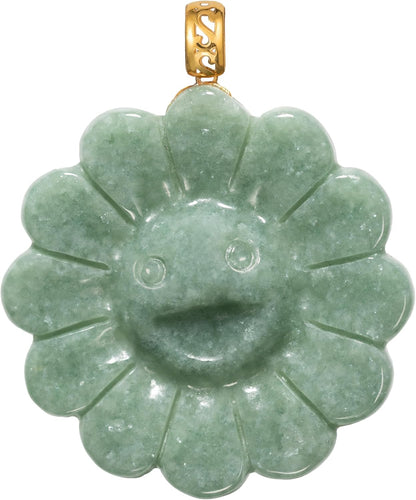 18K Solid Yellow Gold Natural Grade A Jadeite Smiling Flower Murakami Motif, Genuine Jade Pendant Necklace, Handcarved Jadeite, with Gift Box