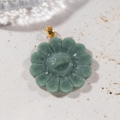 18K Solid Yellow Gold Natural Grade A Jadeite Smiling Flower Murakami Motif, Genuine Jade Pendant Necklace, Handcarved Jadeite, with Gift Box