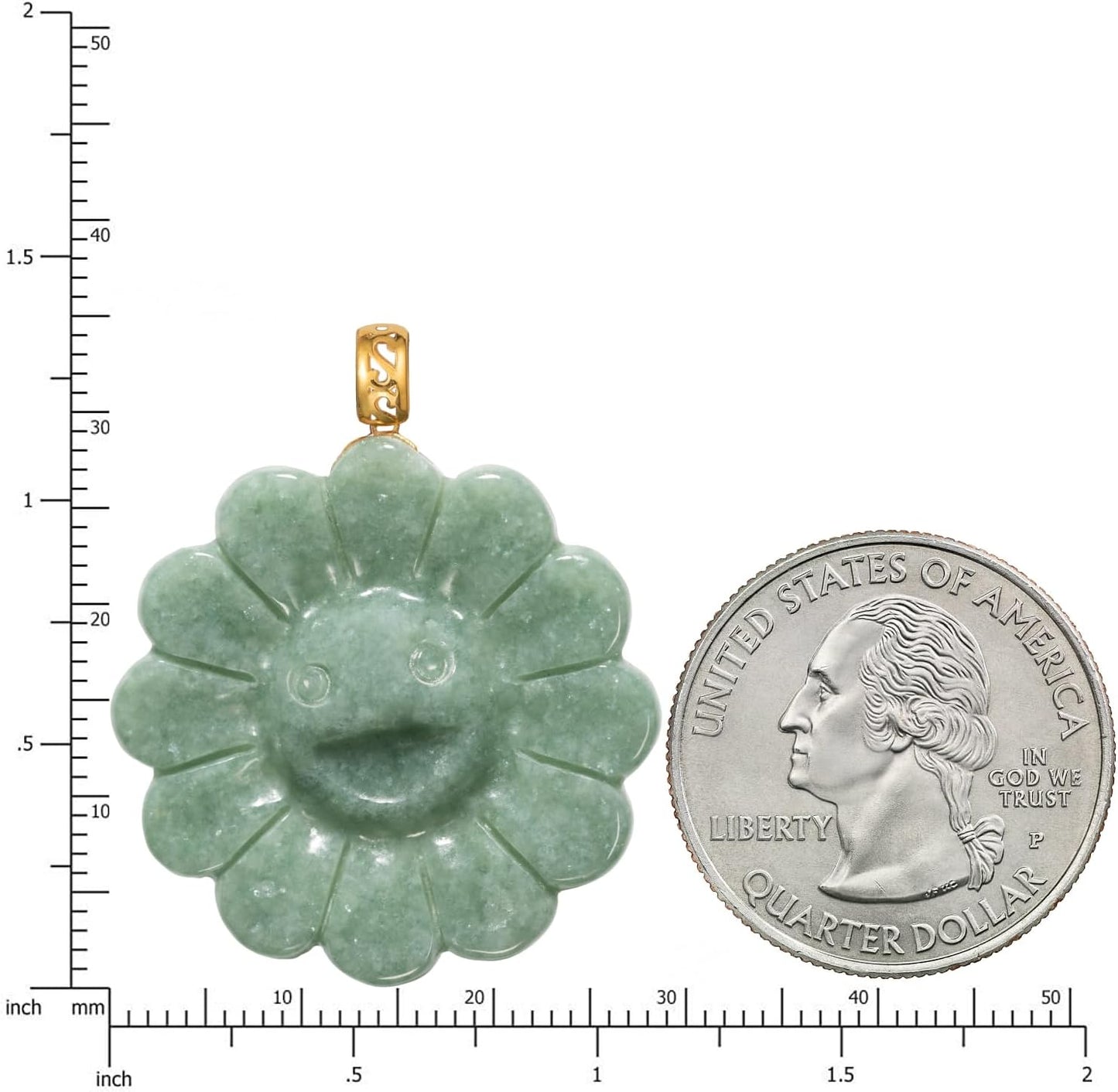 18K Solid Yellow Gold Natural Grade A Jadeite Smiling Flower Murakami Motif, Genuine Jade Pendant Necklace, Handcarved Jadeite, with Gift Box