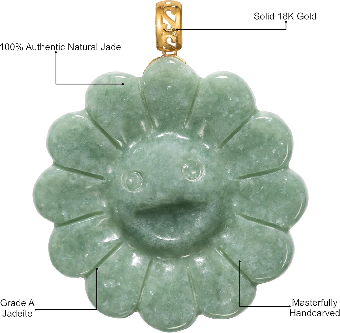 18K Solid Yellow Gold Natural Grade A Jadeite Smiling Flower Murakami Motif, Genuine Jade Pendant Necklace, Handcarved Jadeite, with Gift Box