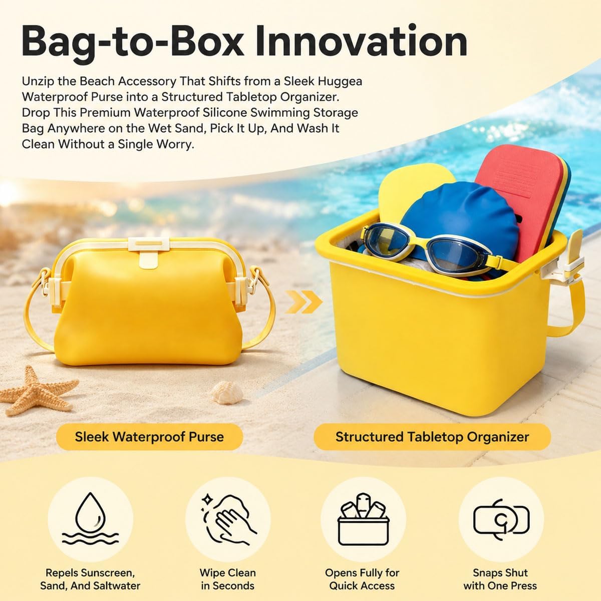 Huggea Waterproof Purse - Silicone Swimming Storage Bag & Foldable Lunch Bag